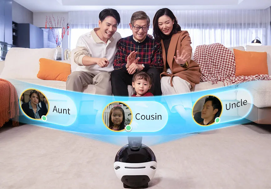 EBO X supports multiple family members to log in. It allows up to 5 members to join the chat in EBO HOME App. During online chatting, everyone can see what EBO X sees, allowing families to always feel together and share every precious moment with happiness.
