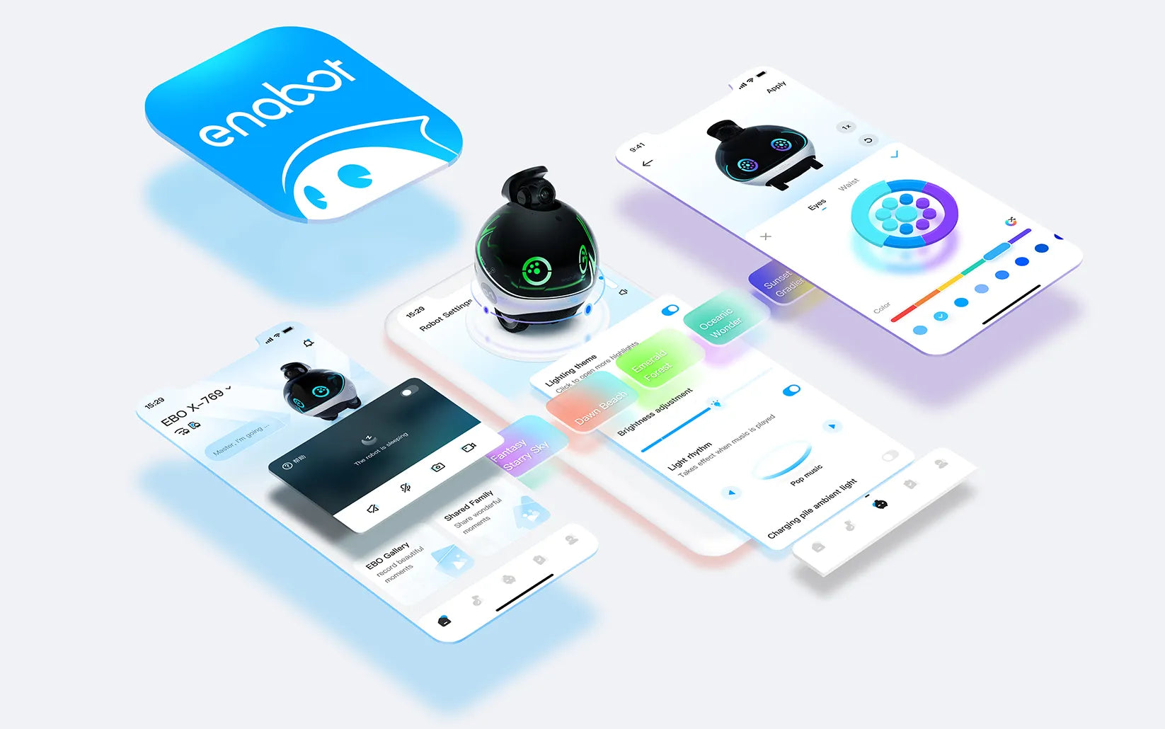 EBO HOME App provides a new way of interacting with your robot. You can check EBO X's real-time working state, control it's movements, set tasks, change settings, take photos/videos, receive reminders/messages, and so forth.